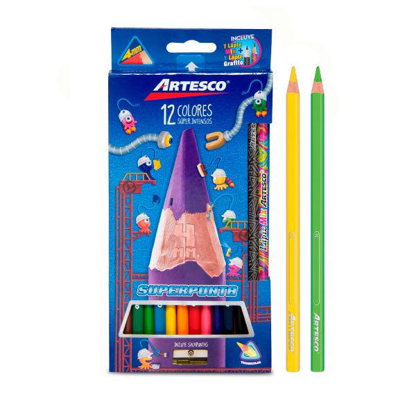 Colores Largos Artesco Triangulares + Lápices + Sacapuntas X 12 Und
