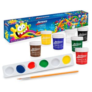 Témpera x 7 + pincel + paleta mezcladora artesco